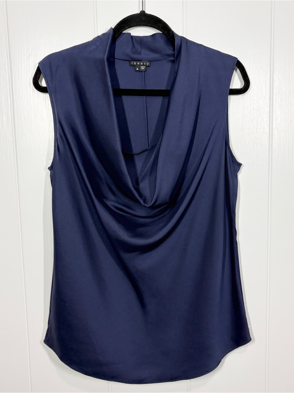 Theory Cowl Neck Sleeveless Draped Crushed Satin Blouse Size Medium Sapphire Blu